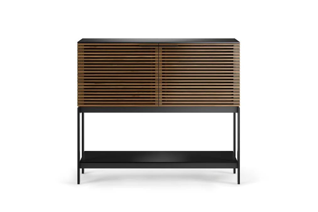 Front view of Corridor SV Bar cabinet with louvered wood doors and modern black base