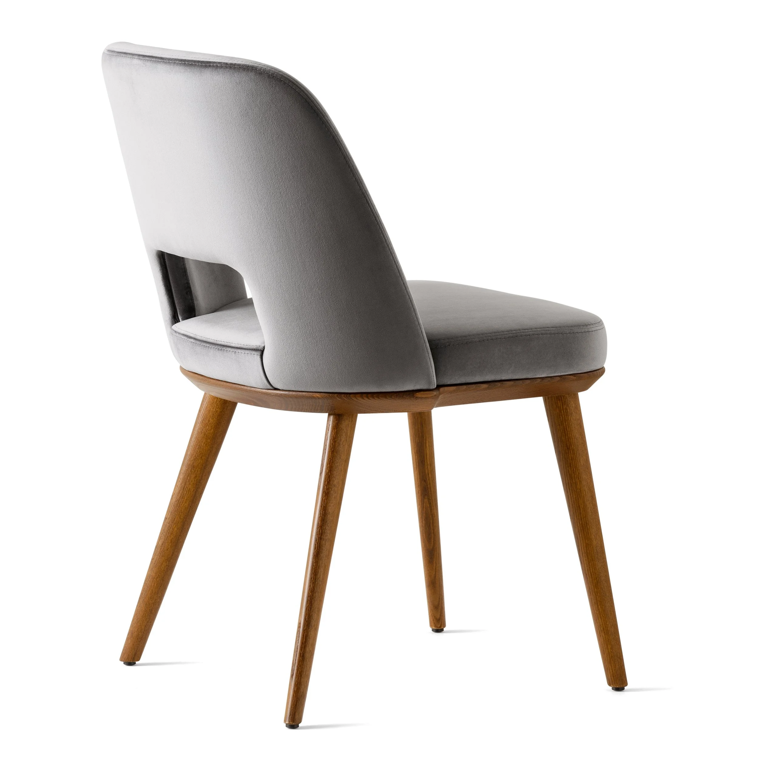 Rear angle of Calligaris Foyer Chair in gray upholstery with wooden legs