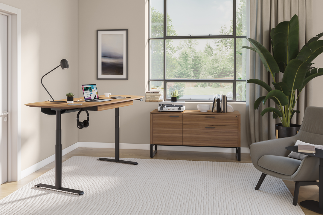 Lifestyle office setup with Linea Multifunction Cabinet, sit-stand desk, and natural light