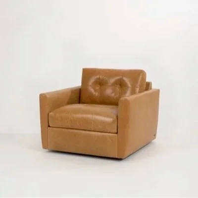 Carmet Chair in tan leather and neutral fabric finishes, showing front, side, and angled views with a sleek swivel base.