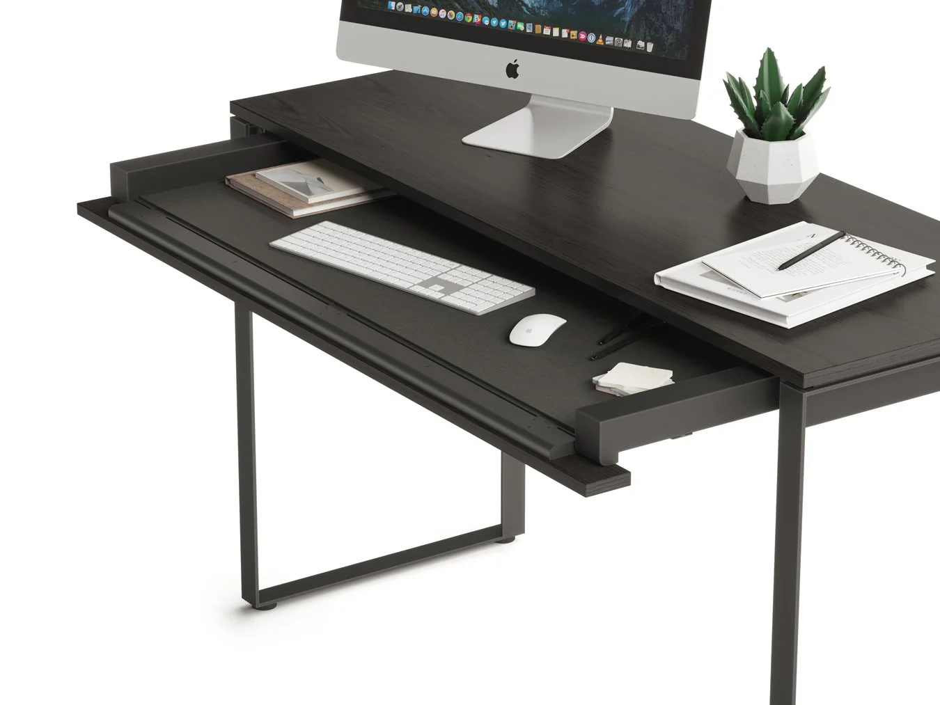 Linea Console Desk in black finish with pull-out drawer and computer setup, ideal for compact offices
