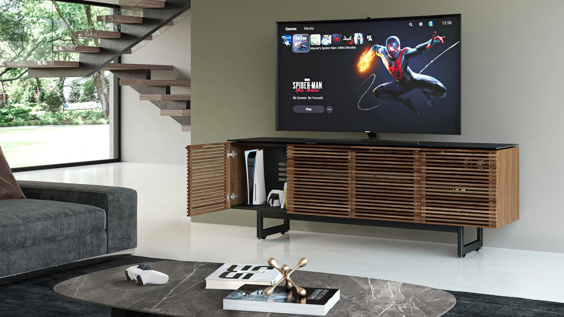 Corridor Quad-Door Media Console styled in a modern living room with TV and PS5 setup