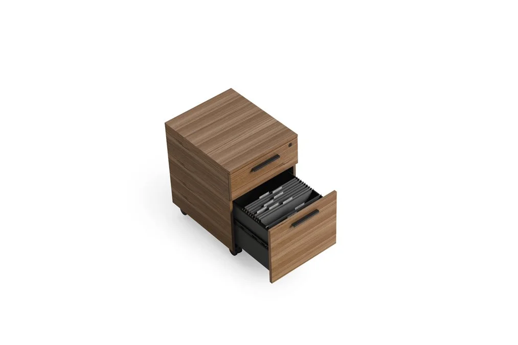 Linea pedestal with open file drawer showing hanging file folders in lower compartment