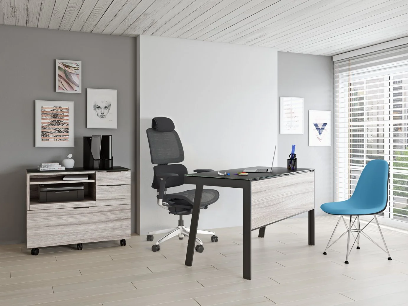 Sigma Compact Desk styled in a bright modern office with matching cabinet and blue chair