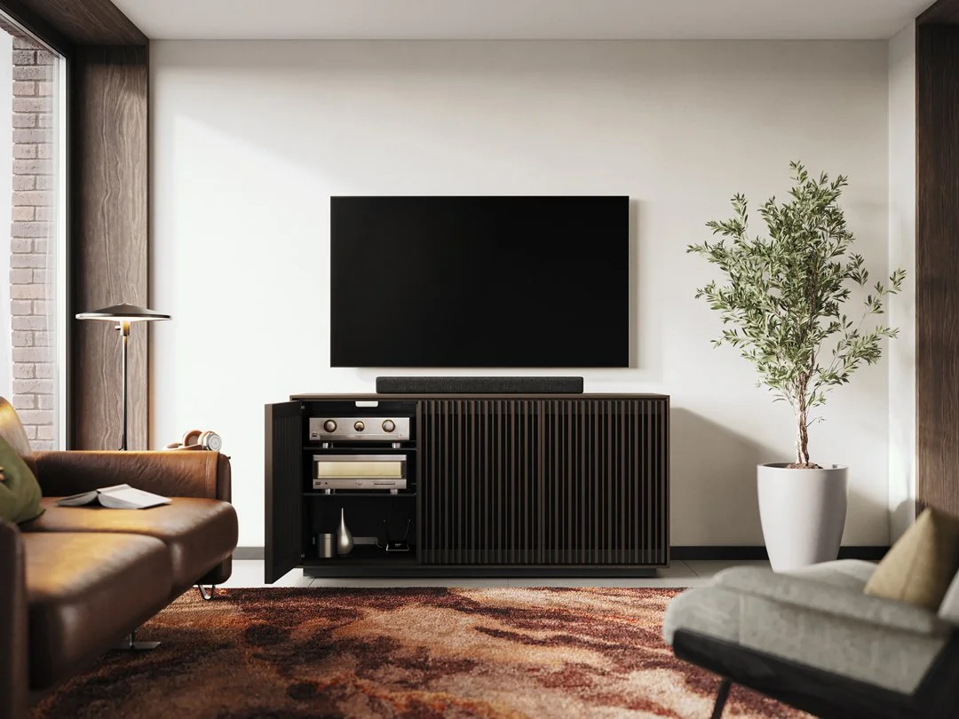 Profile Triple Console styled in a modern living room setup beneath a wall-mounted TV