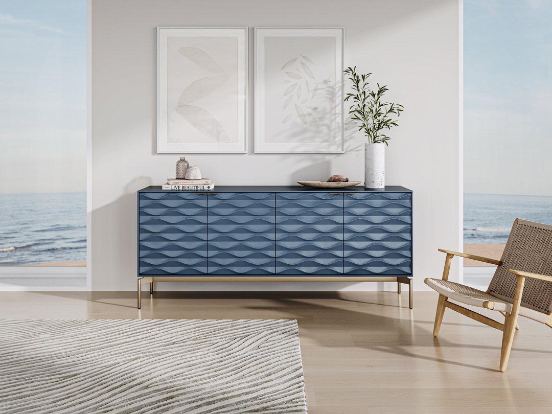 Ripple Credenza in a coastal-style room with natural lighting and minimalist decor