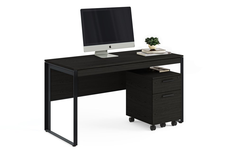 Linea Desk in black finish with mobile pedestal drawer and desktop monitor in a full office setup