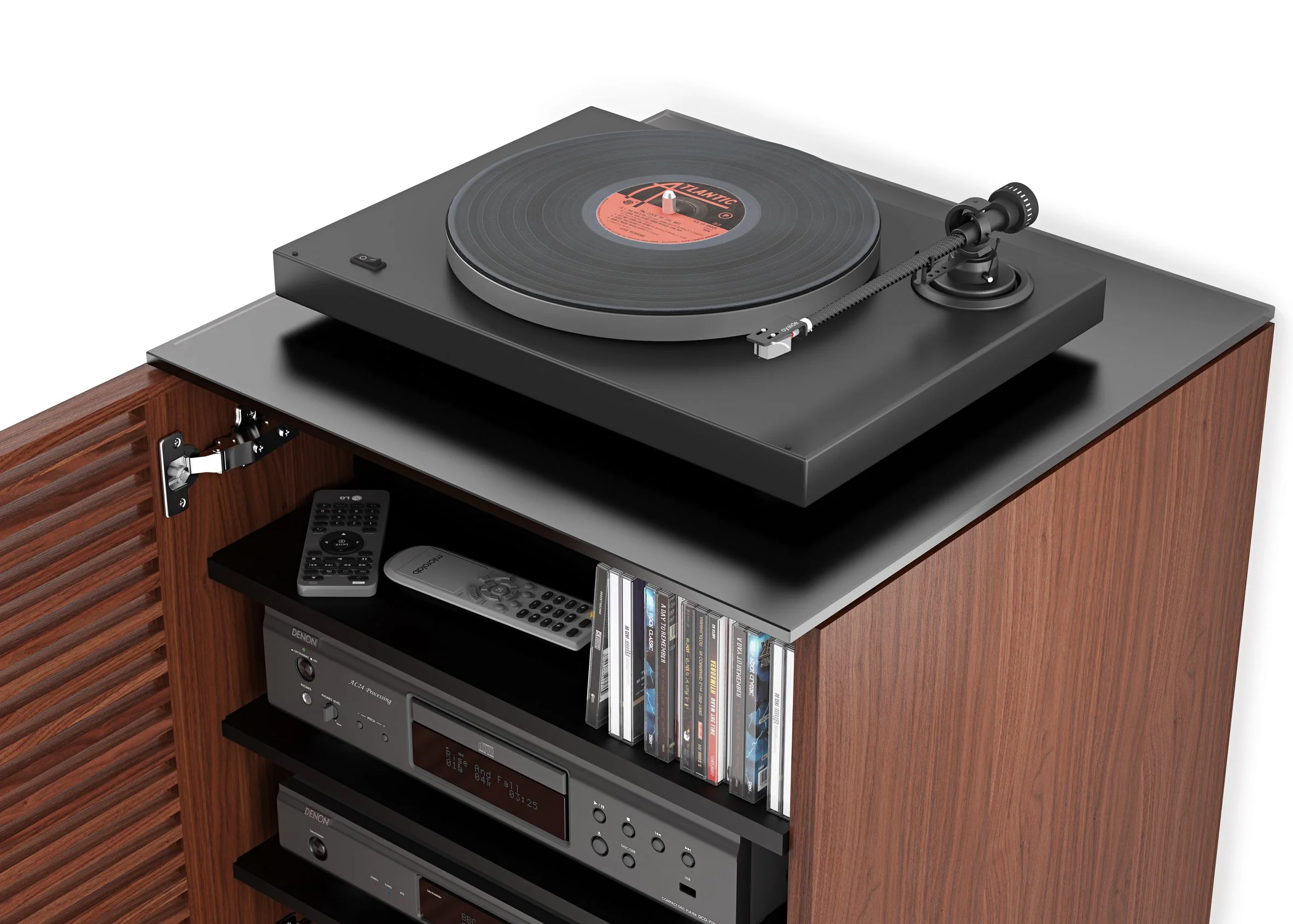 Top-down view of the Corridor Audio Tower with turntable and media components inside