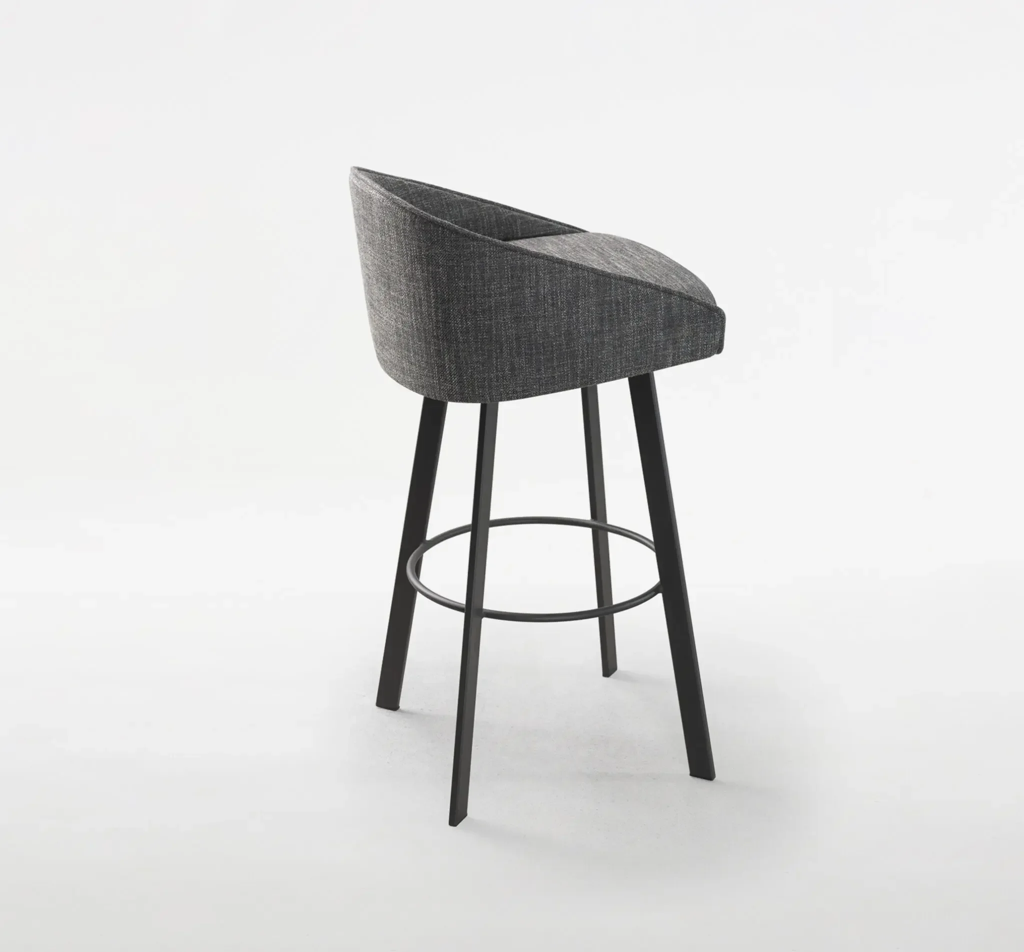 Trica Liv Counter Stool with grey upholstered seat and black metal legs, front angled view