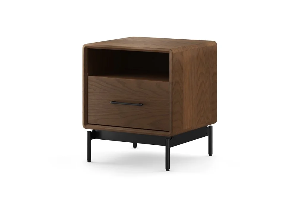 LINQ 22" Nightstand in walnut with open shelf and soft-close drawer in modern style