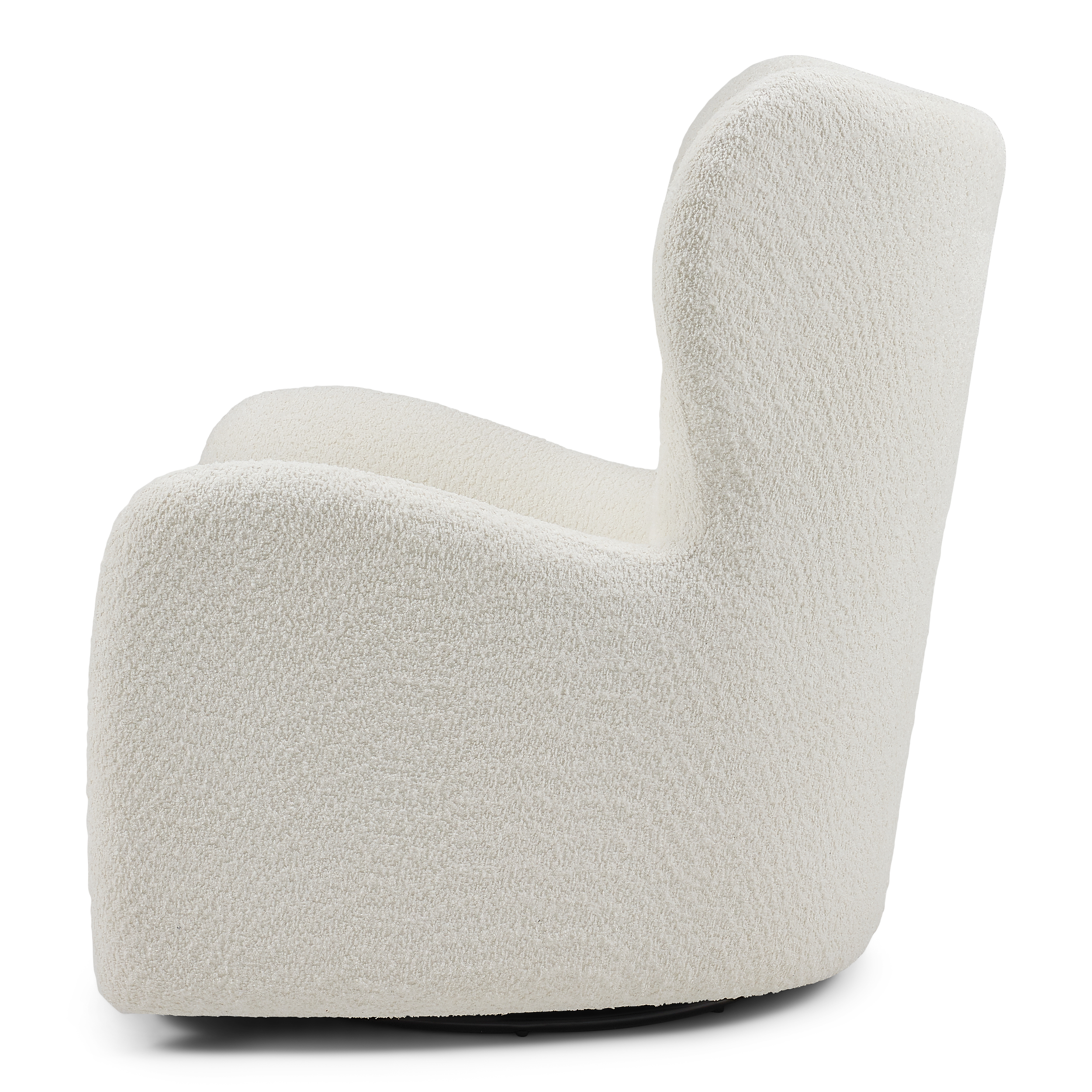 Back view of the Kobe Swivel Chair showing its sculptural curved silhouette and plush bouclé upholstery.
