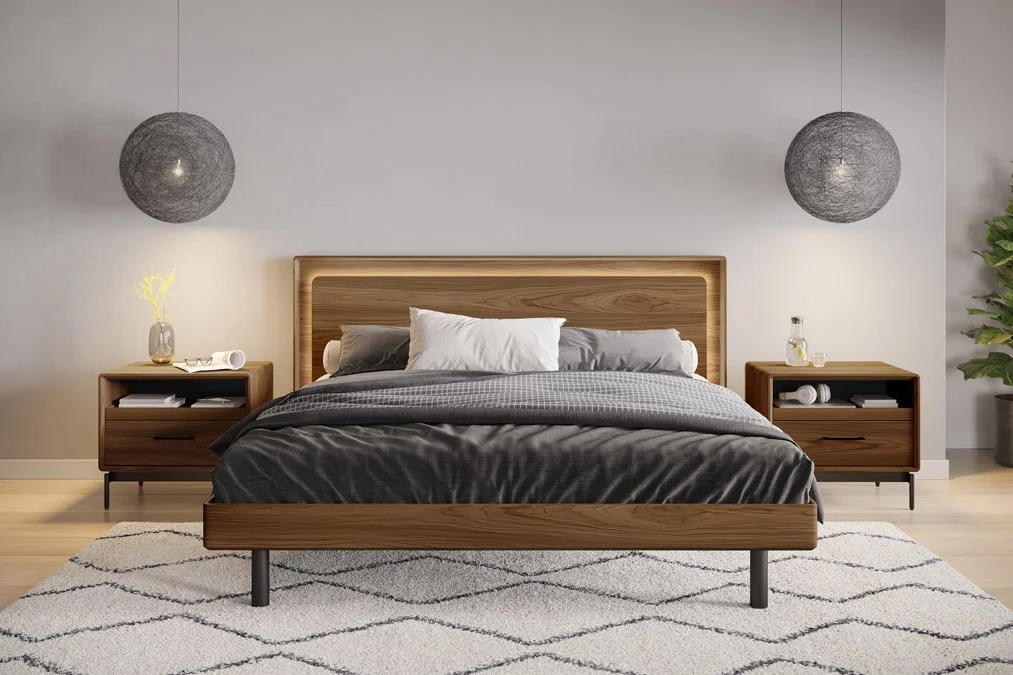 Up-LINQ bed styled in contemporary room with pendant lighting and walnut nightstands