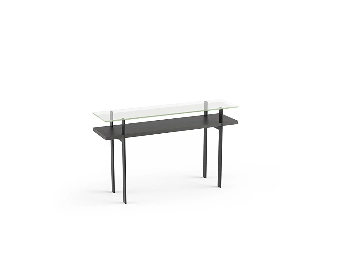 Terrace Console Table with black frame and glass top viewed from side