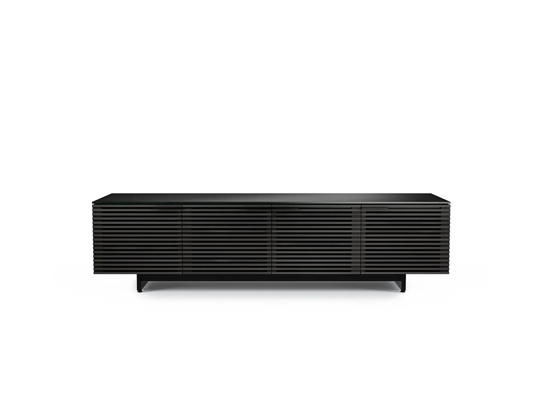 All-black version of Corridor Low Console showing modern horizontal slats