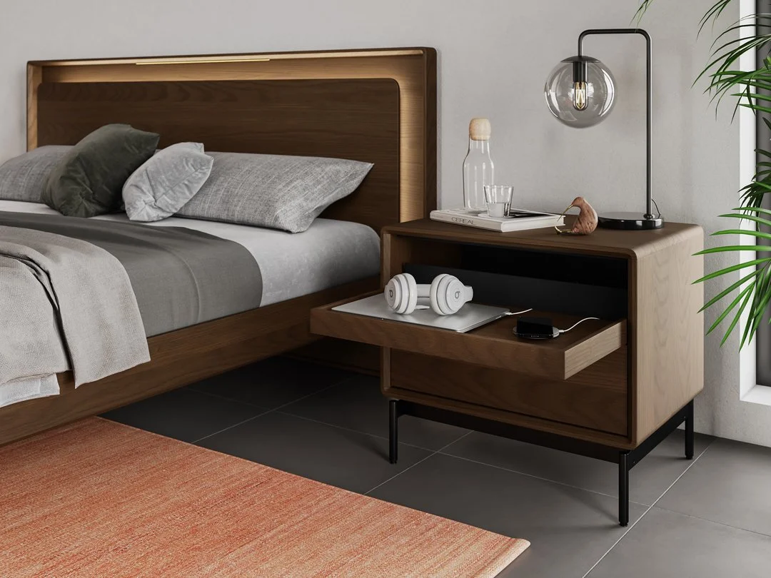 LINQ nightstand with internal device storage shown partially open, revealing charging capability