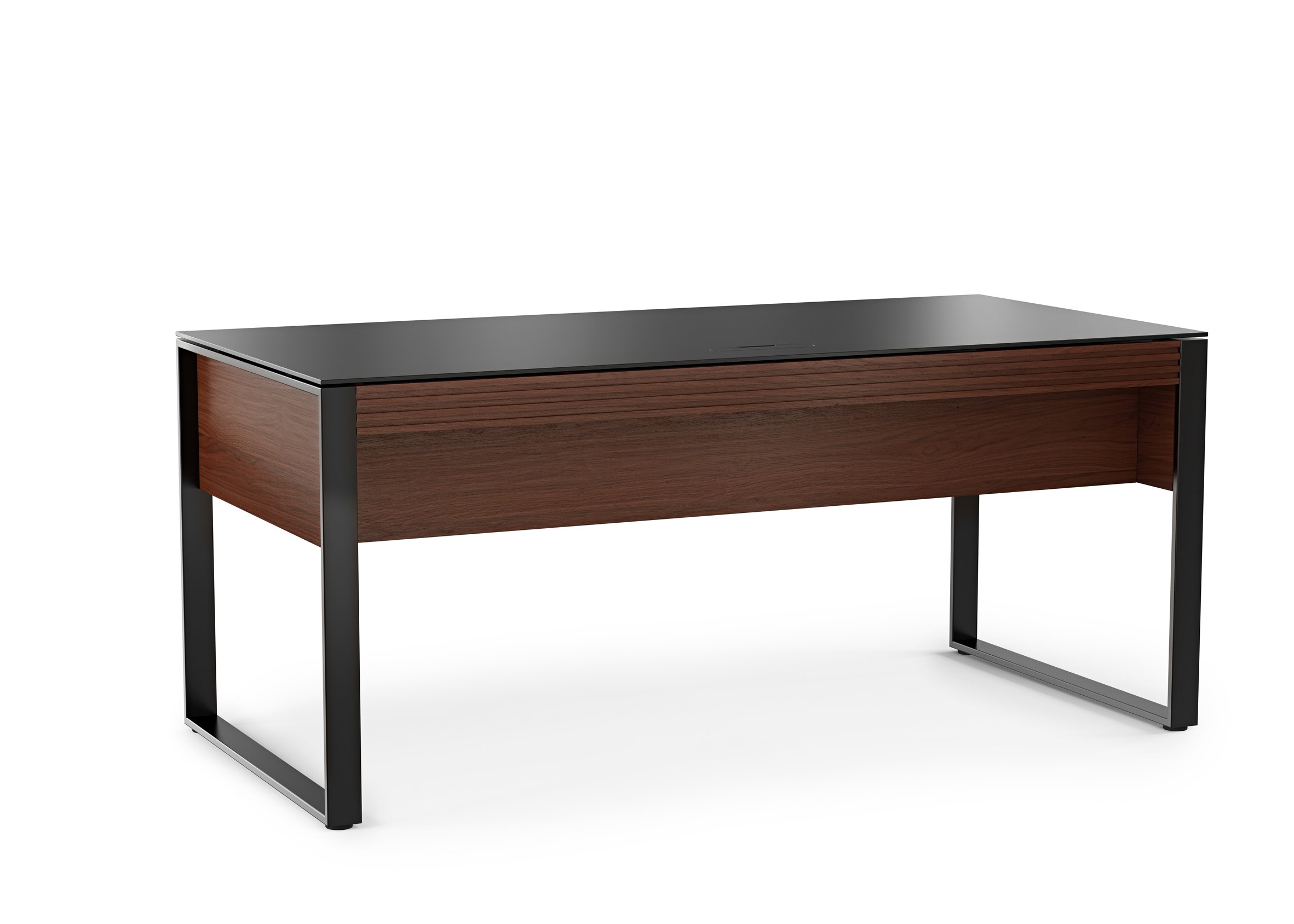 Corridor Executive Desk in chocolate-stained walnut, sleek wood front with black glass top