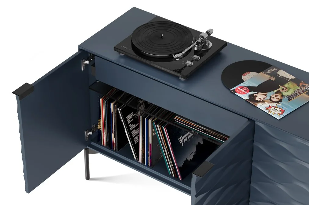 Ripple Credenza with open door showing vinyl record storage and turntable setup