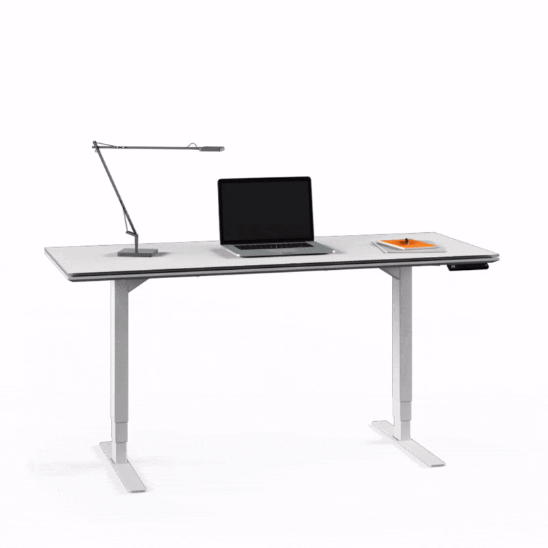 Centro height-adjustable desk with lamp, laptop, and soft-edge design in light gray