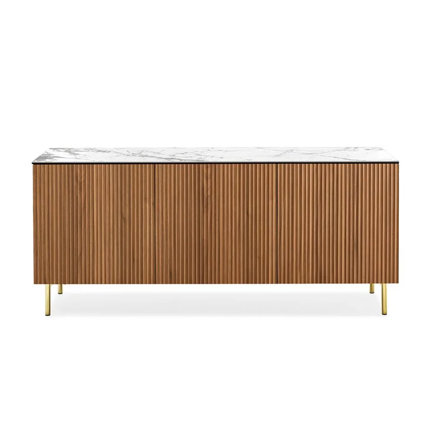 Universal Buffet in natural wood slat design with marble top