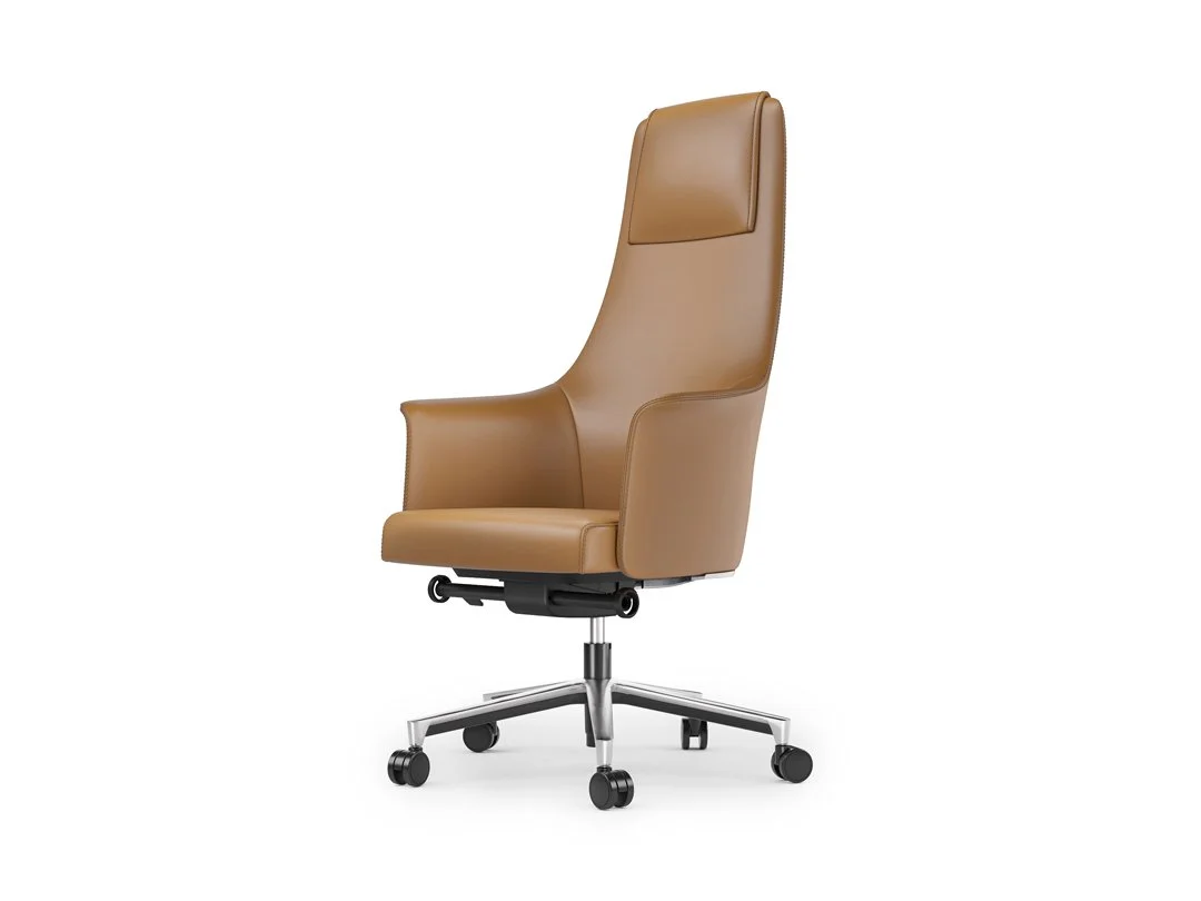 Opposite side view of Bolo Office Chair highlighting ergonomic shape and smooth leather finish