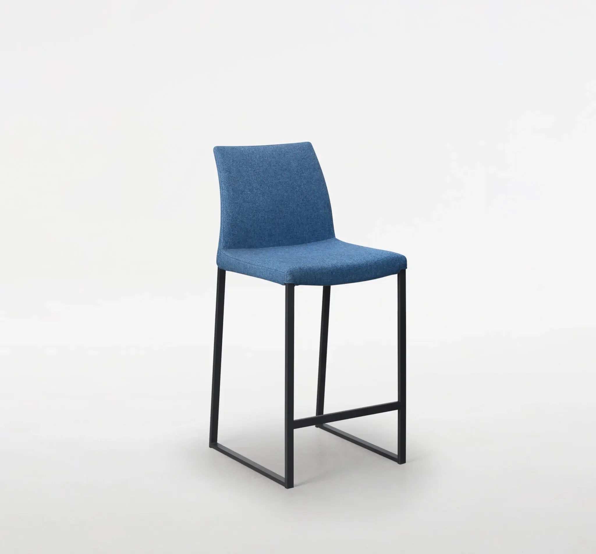 Trica Curvo Counter-height Stool with blue upholstered seat and backrest on black frame