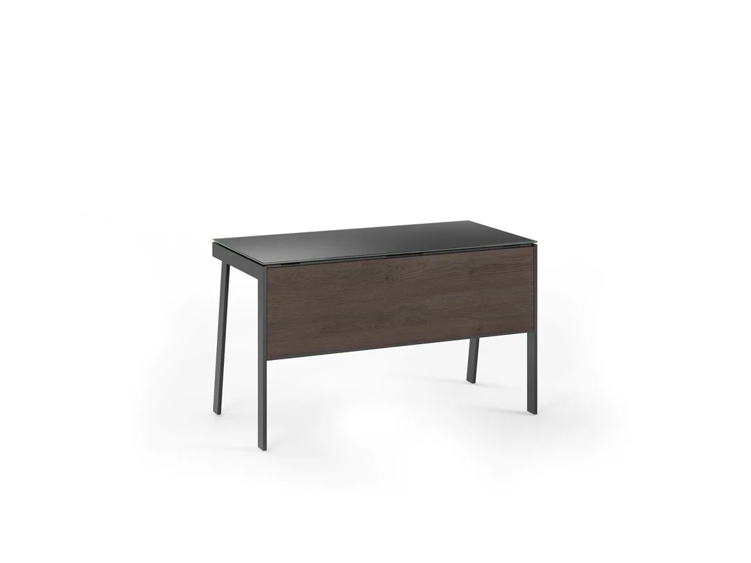 Sigma Compact Desk in dark walnut finish with black legs, clean and contemporary style