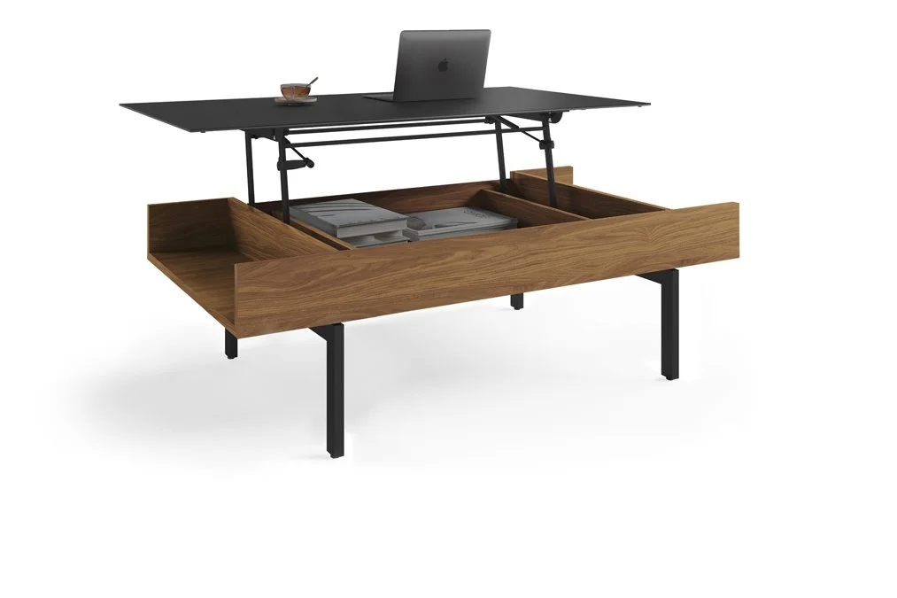Reveal Lift Coffee Table with top raised, showing storage compartment and laptop