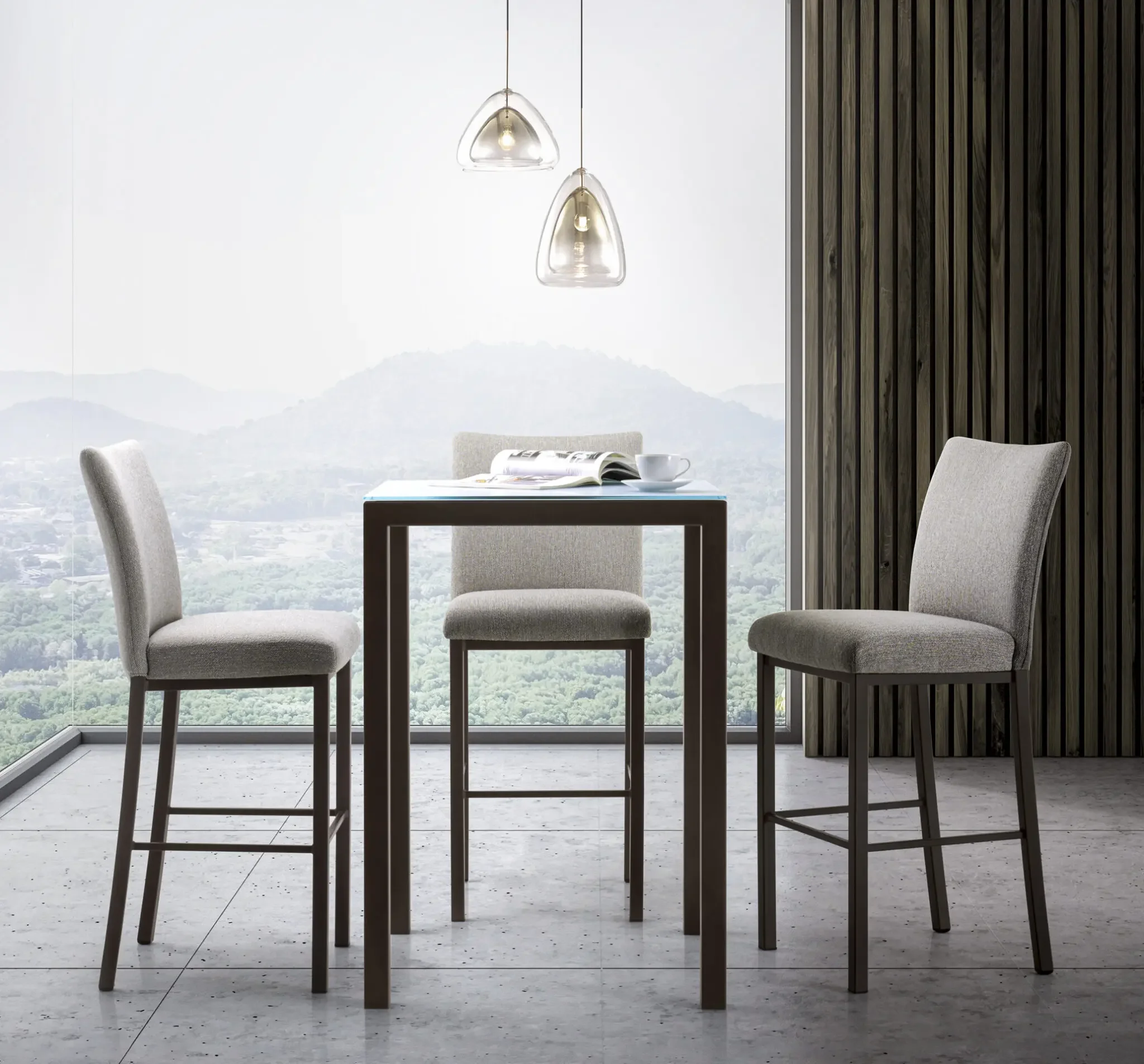Modern dining nook with Trica Cubo Counter-height Table and upholstered counter stools