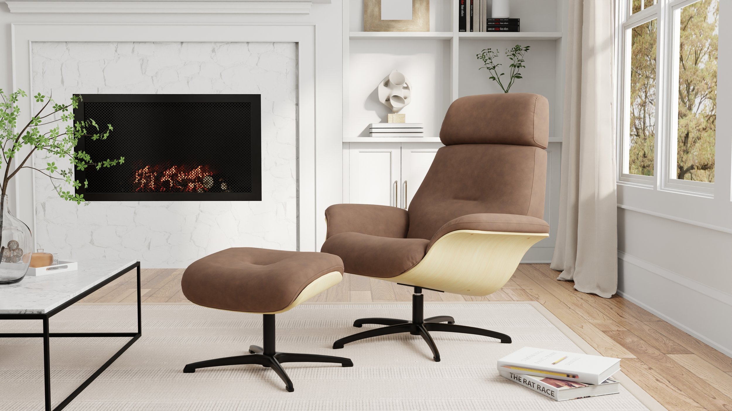 Fjords Falcon Chair & Ottoman in living room by fireplace