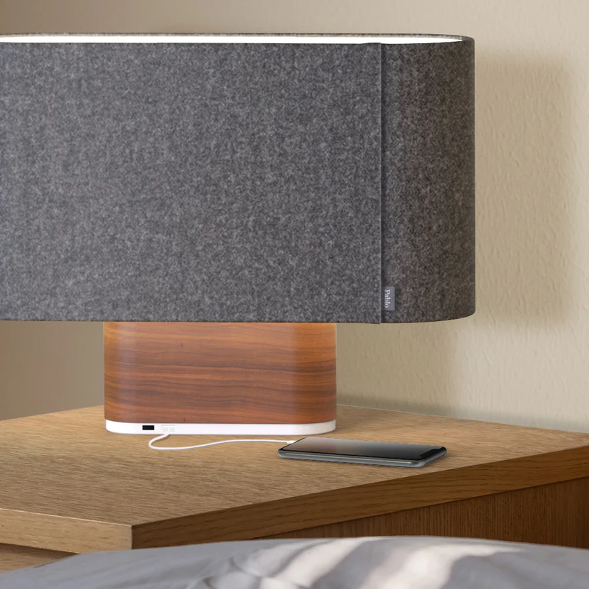 Close-up of Belmont Table Light showing fabric shade and wooden base