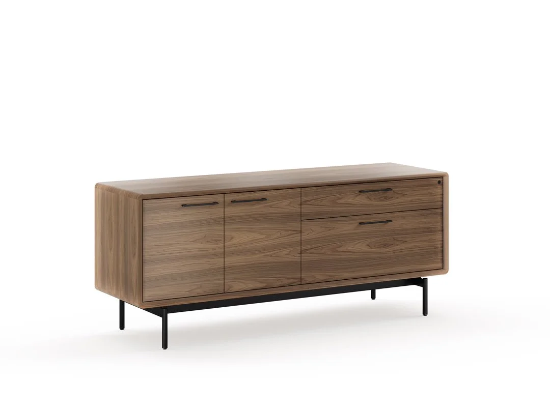 LINQ credenza in natural walnut finish with three drawers and two doors – front view