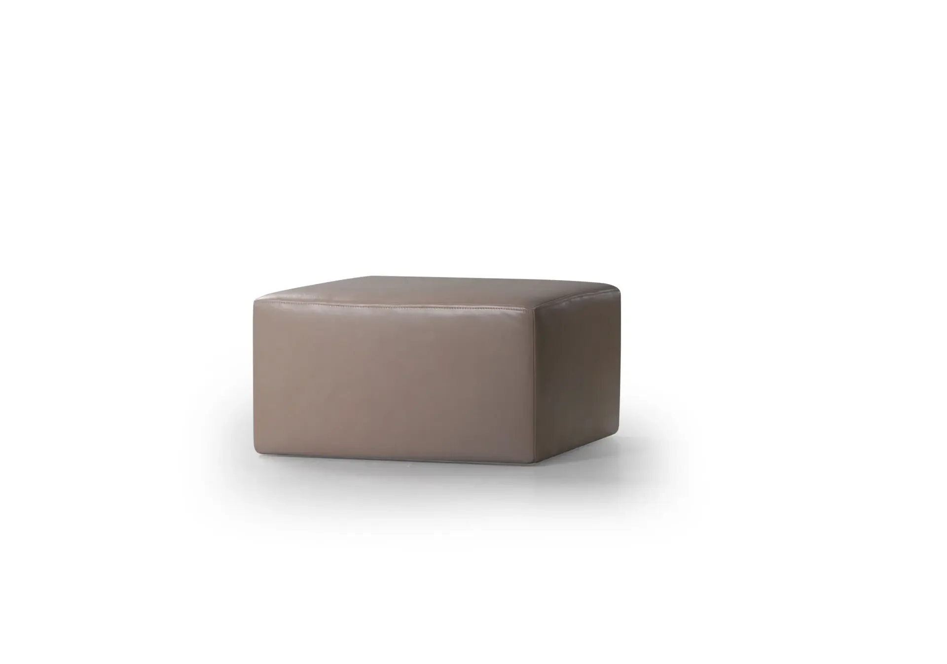 Taupe square LePouf Ottoman in leather, side angle