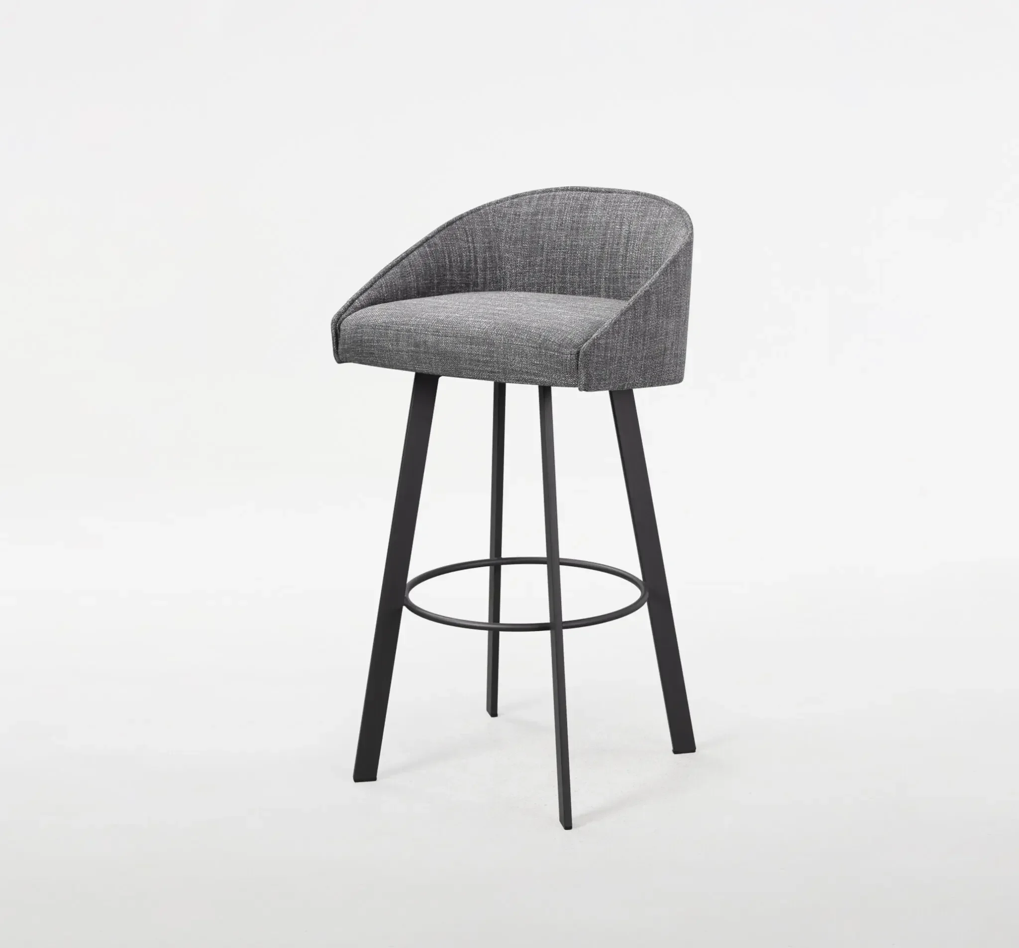 Trica Liv Counter Stool in grey upholstery with slim black metal legs, side angled view