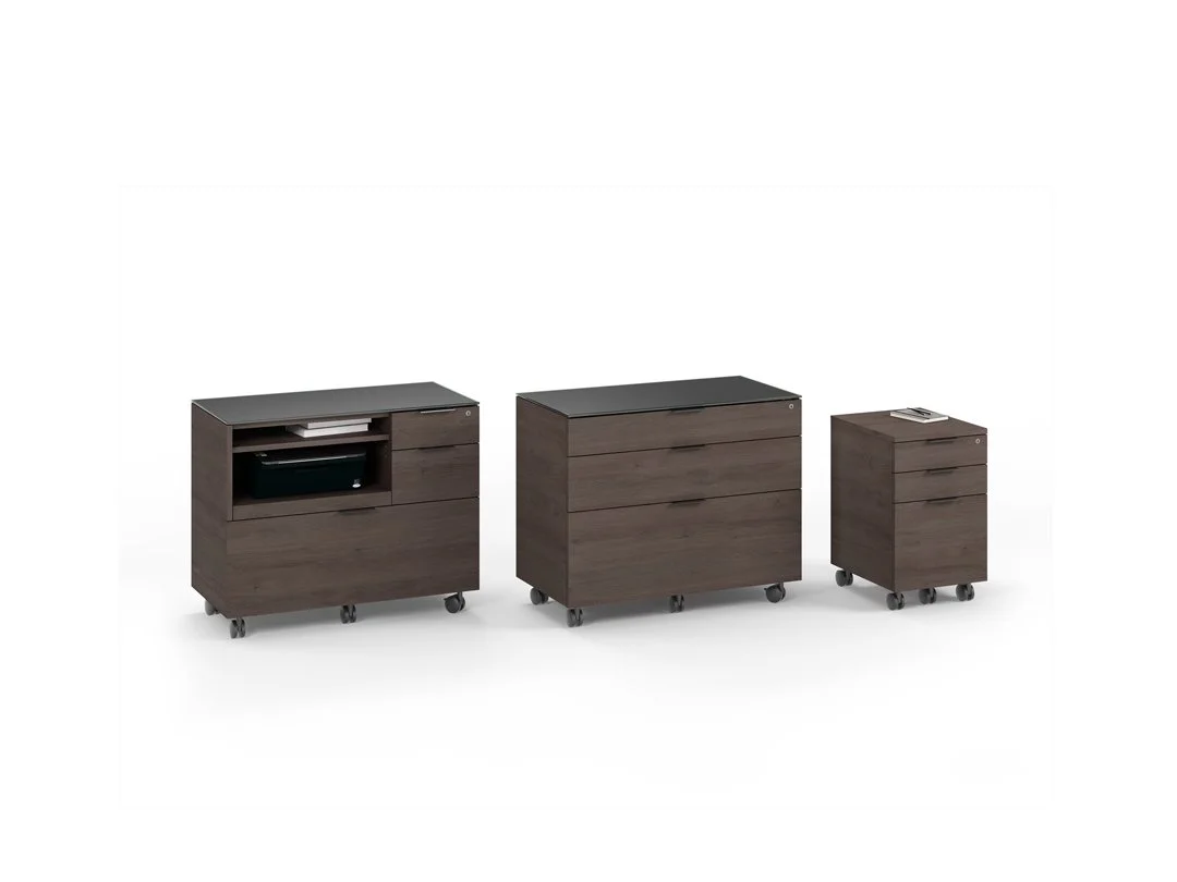 Sigma storage furniture collection in dark wood finish with pedestal, cabinet, and lateral file