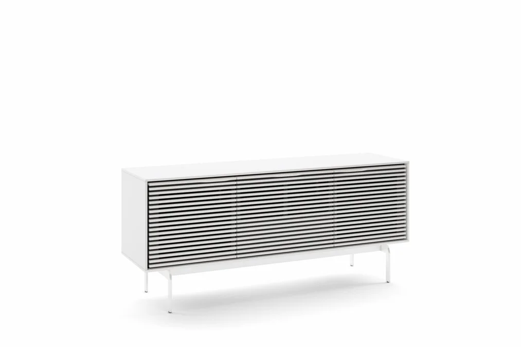 Angled view of Align Triple Cabinet in white with slatted doors and metal legs