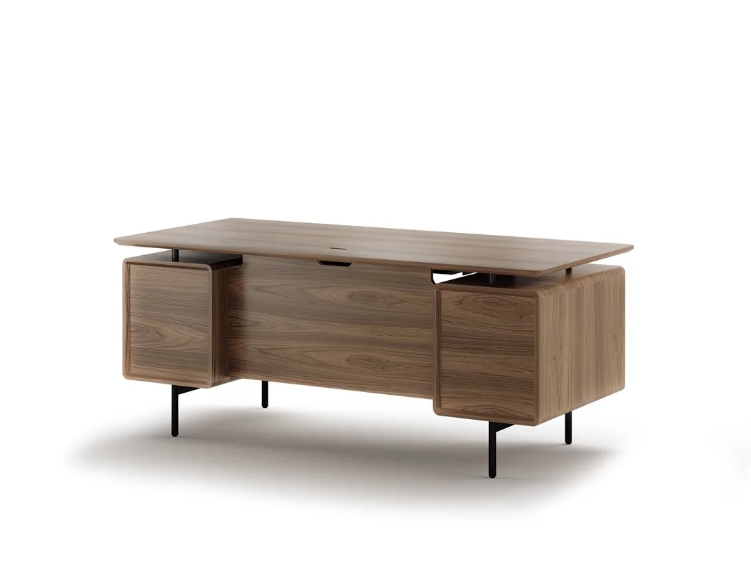 Side view of LINQ Executive Desk showing integrated drawer cabinet and floating top detail