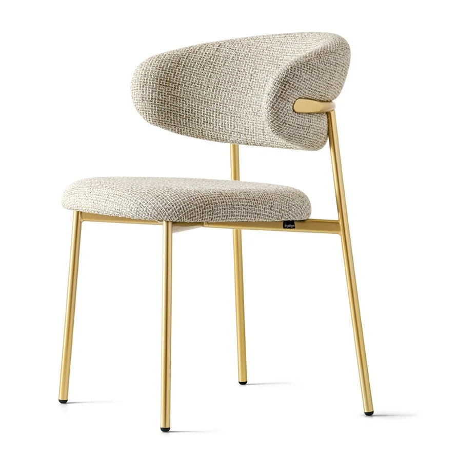 Side view of Calligaris Oleandro Dining Chair in beige upholstery with gold frame