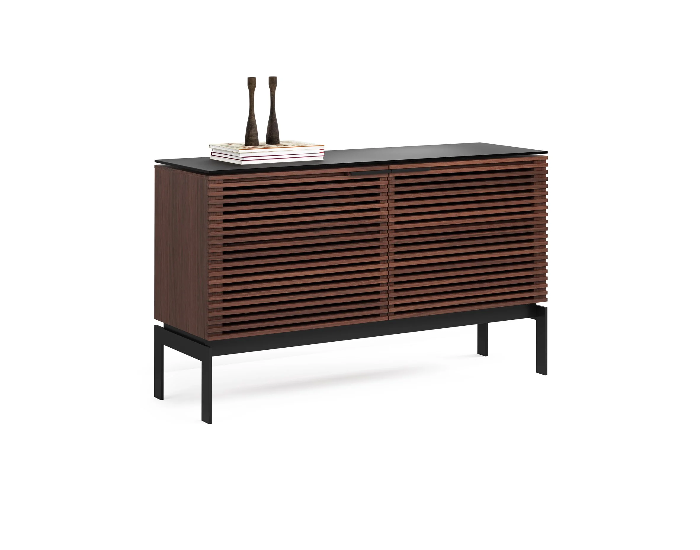 Angled view of Corridor Console showing wood slats and minimalist modern profile