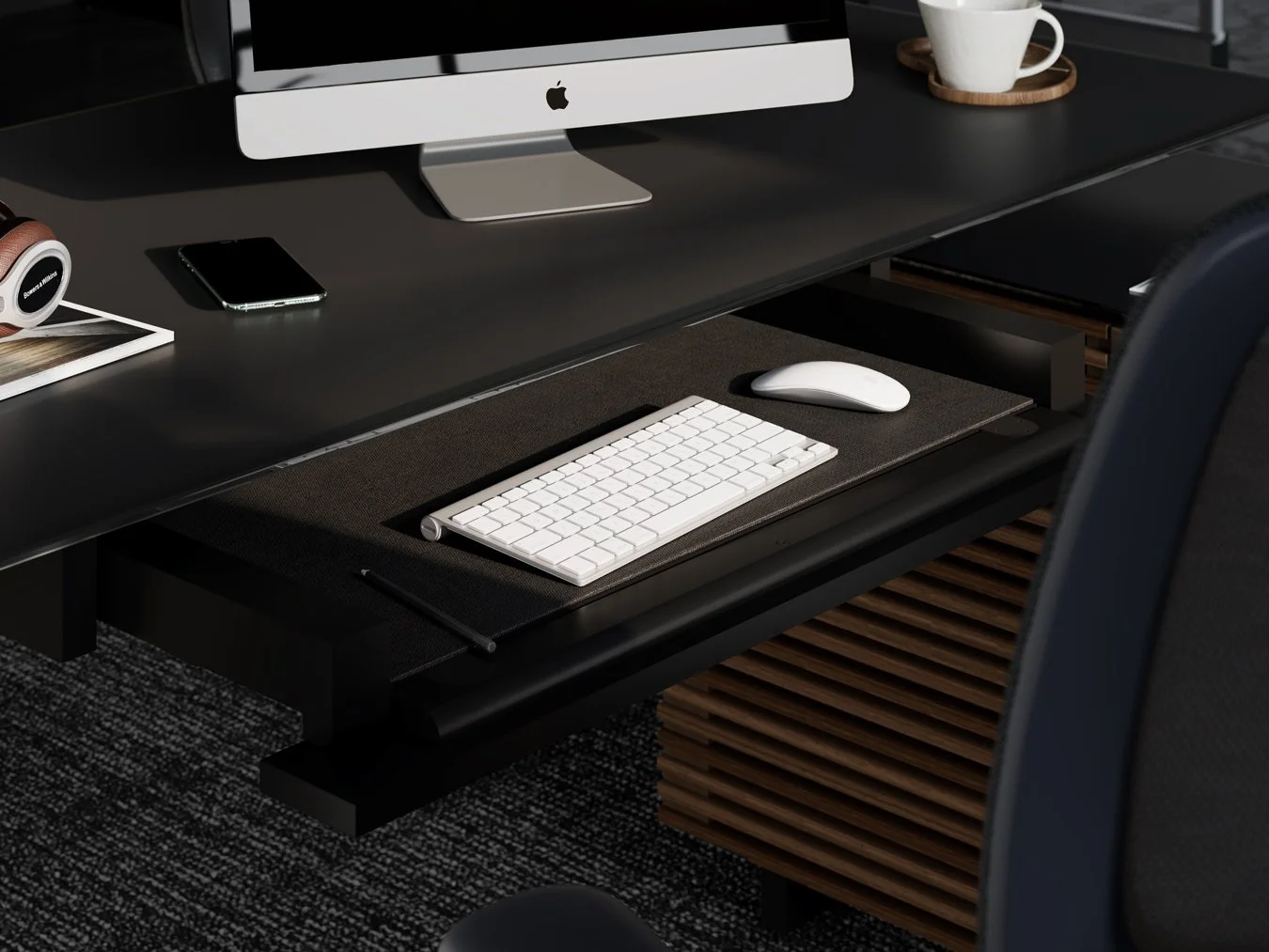 Keyboard tray detail in Corridor L-Desk with soft-close mechanism and accessories