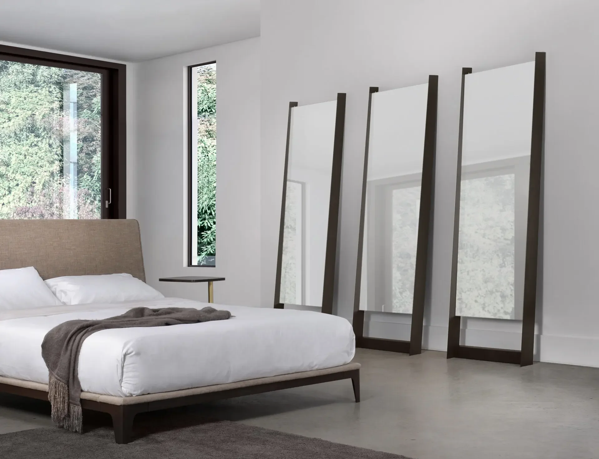 Modern bedroom with multiple Trica Edge Mirrors lined against the wall