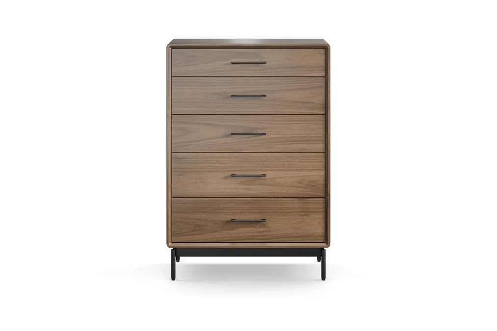 Front view of LINQ 5-Drawer Chest in walnut finish with black metal base and flush drawer fronts