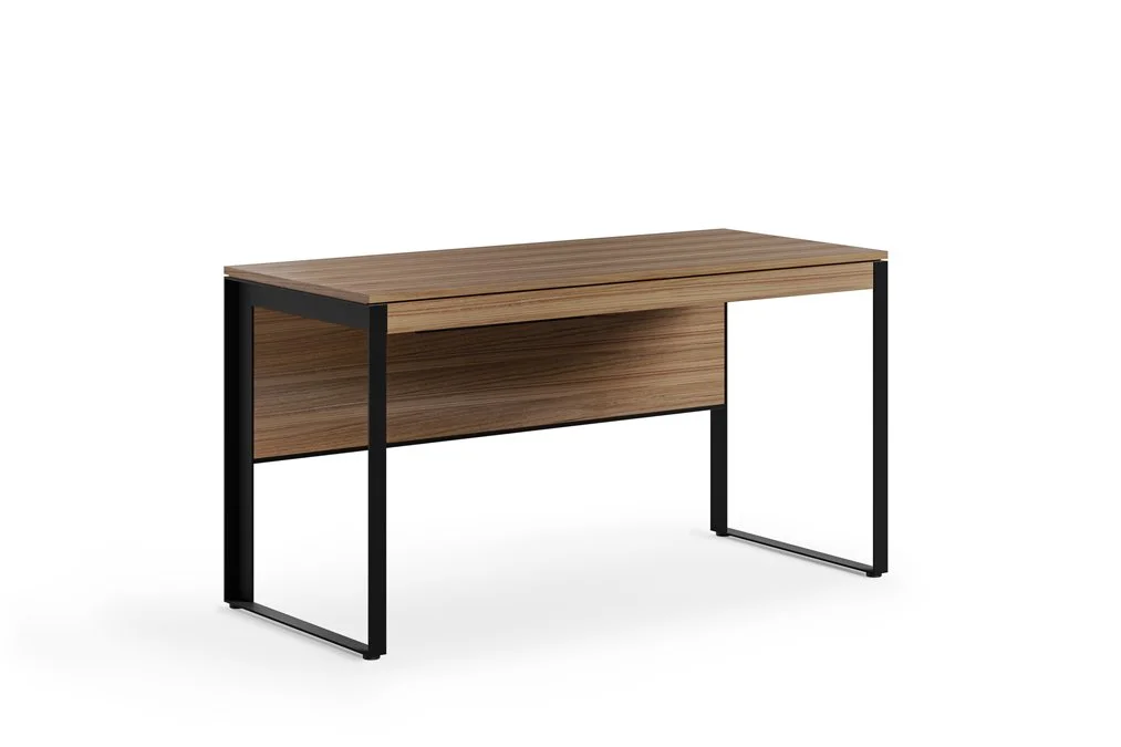 Linea Desk in natural walnut finish with black steel frame, angled view