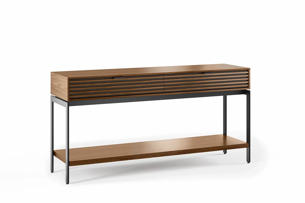 Angled view of Cora Console Table with slim steel legs and walnut finish