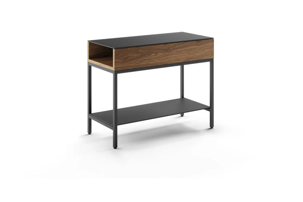 Reveal End Table with black steel legs and walnut wood top, angled view