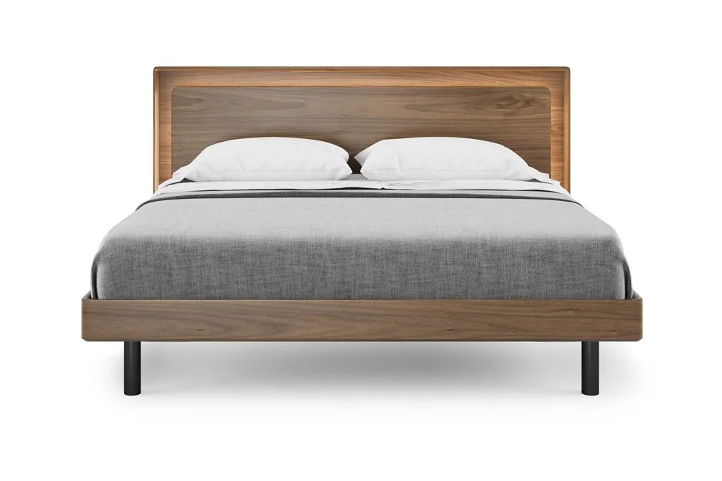 Modern Up-LINQ platform bed with walnut headboard and black legs front view
