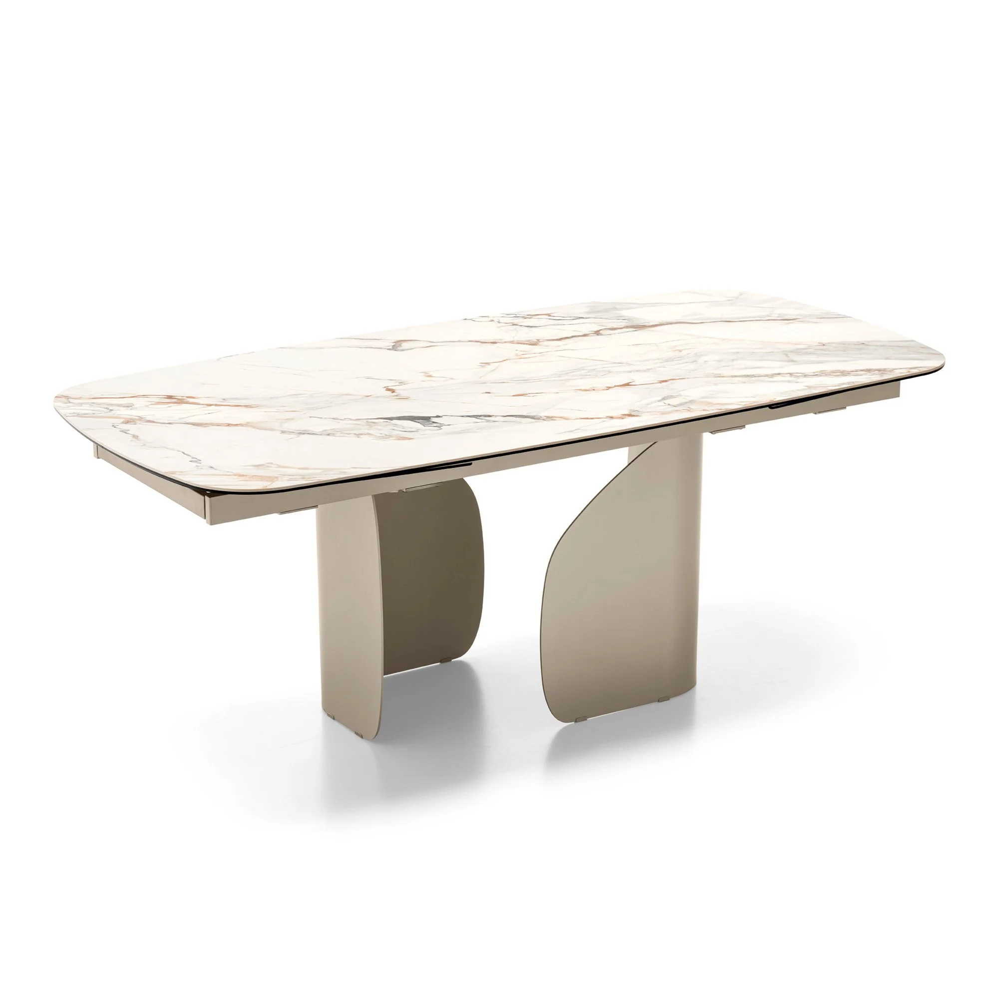 Twins Table with white marble top and curved cream twin-base