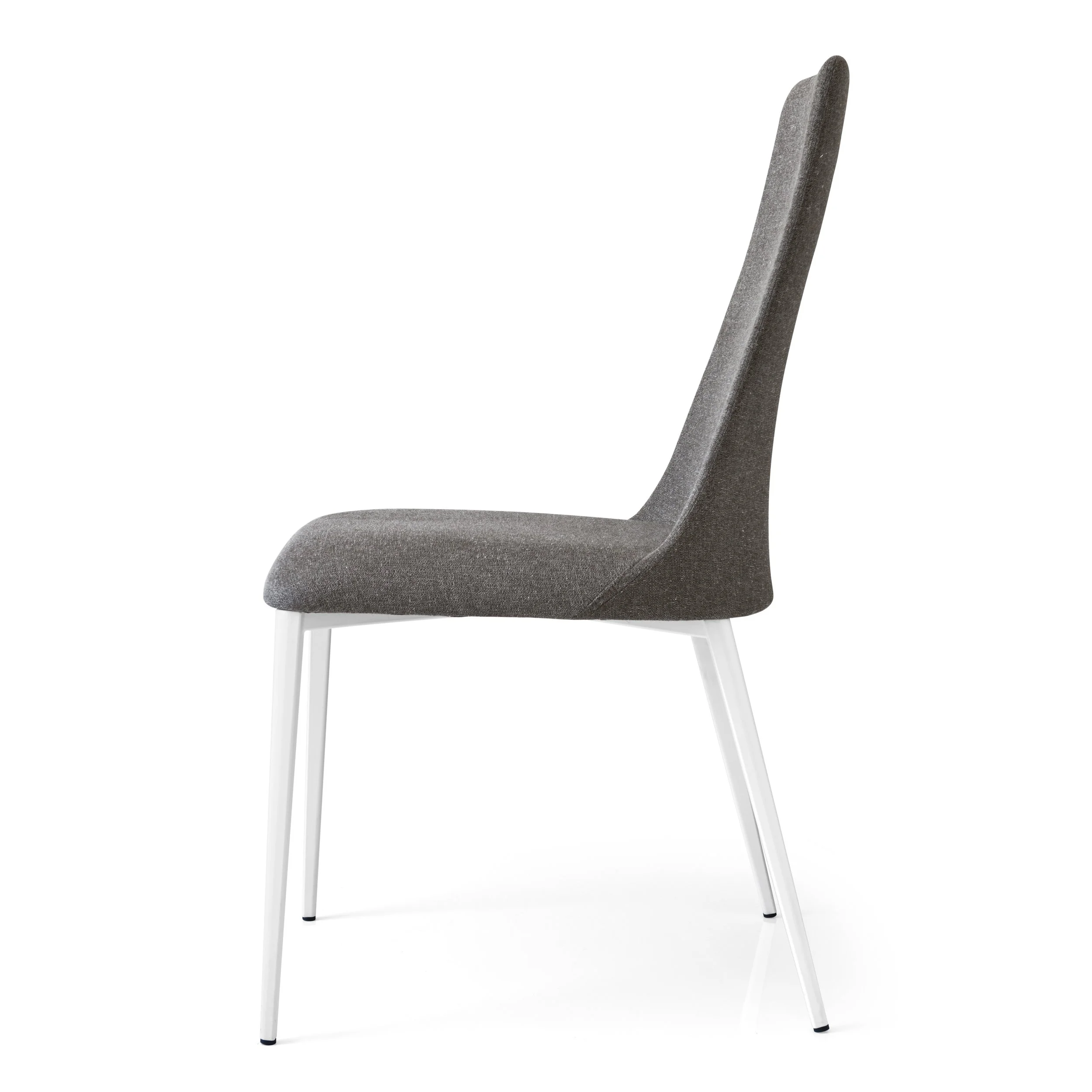 Calligaris Etoile Chair with dark grey fabric upholstery and white metal legs, side view