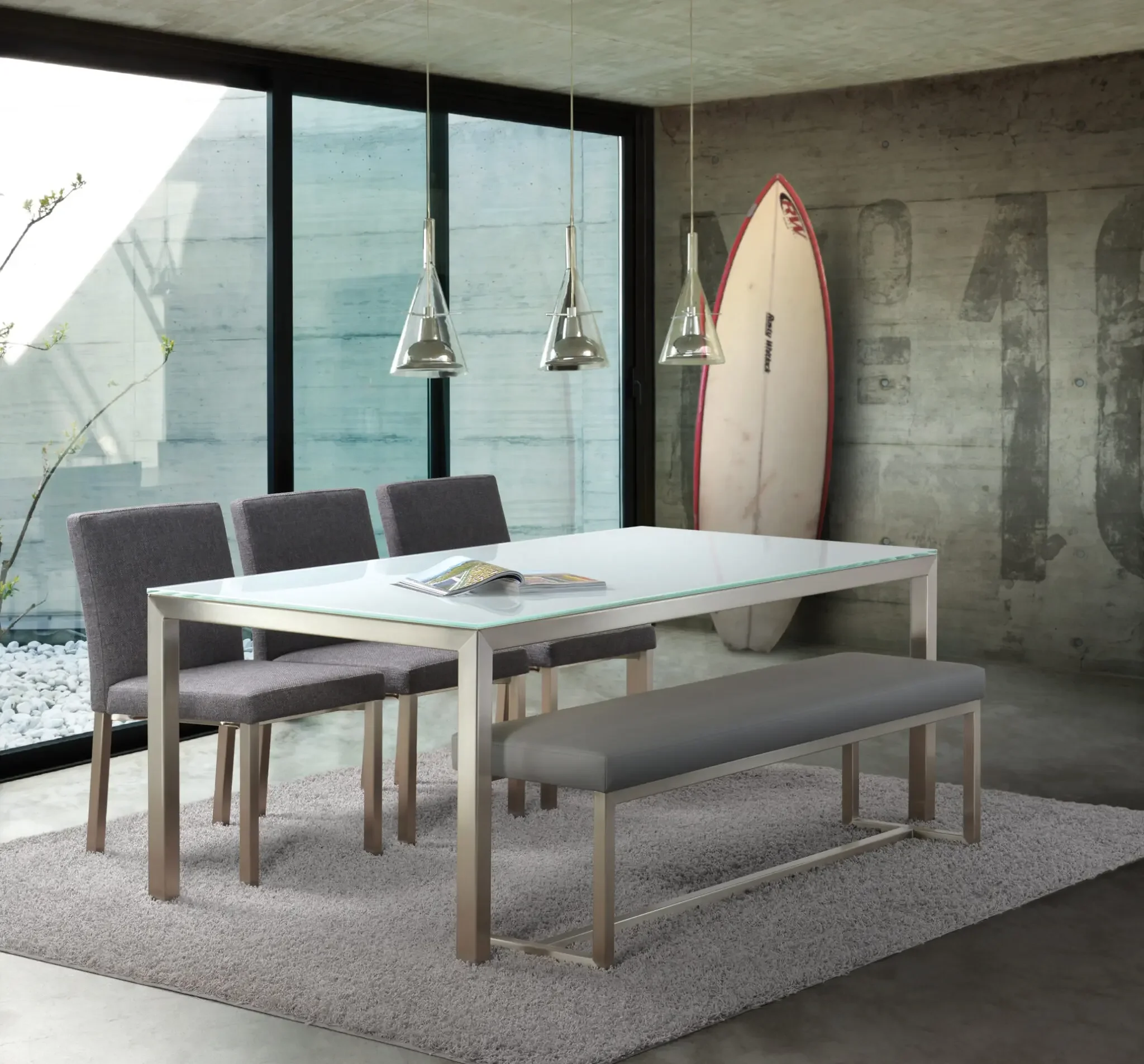 Modern dining room with Trica Cubo Dining Table and matching bench seating