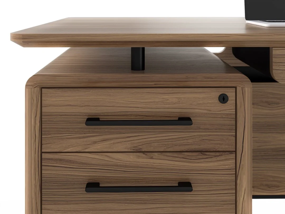 Side view of LINQ Executive Desk showing integrated drawer cabinet and floating top detail