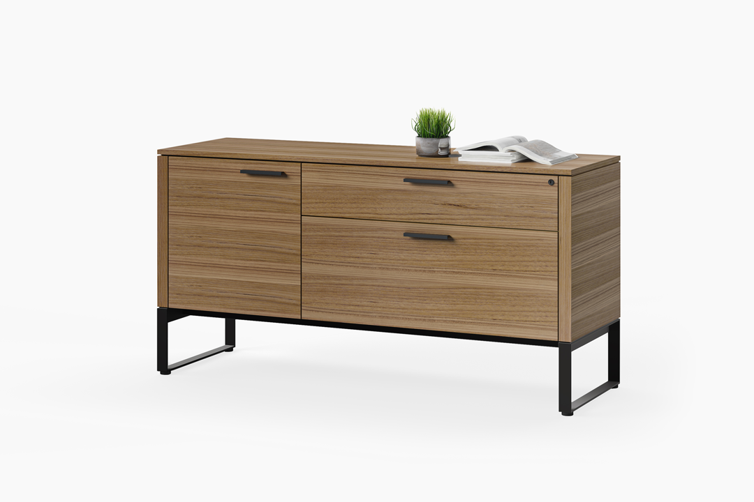Linea Multifunction Cabinet in natural walnut with black base, shown with closed drawers